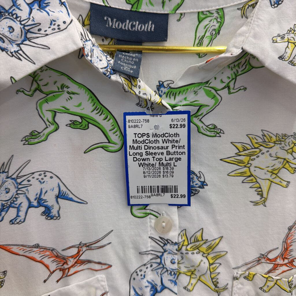 ModCloth White/ Multi Dinosaur Print Long Sleeve Button Down Top Large