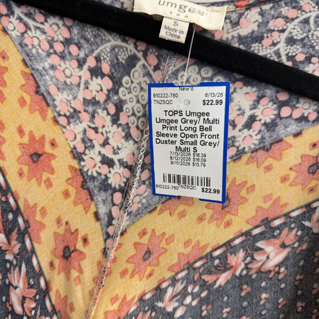 Umgee Grey/ Multi Print Long Bell Sleeve Open Front Duster Small