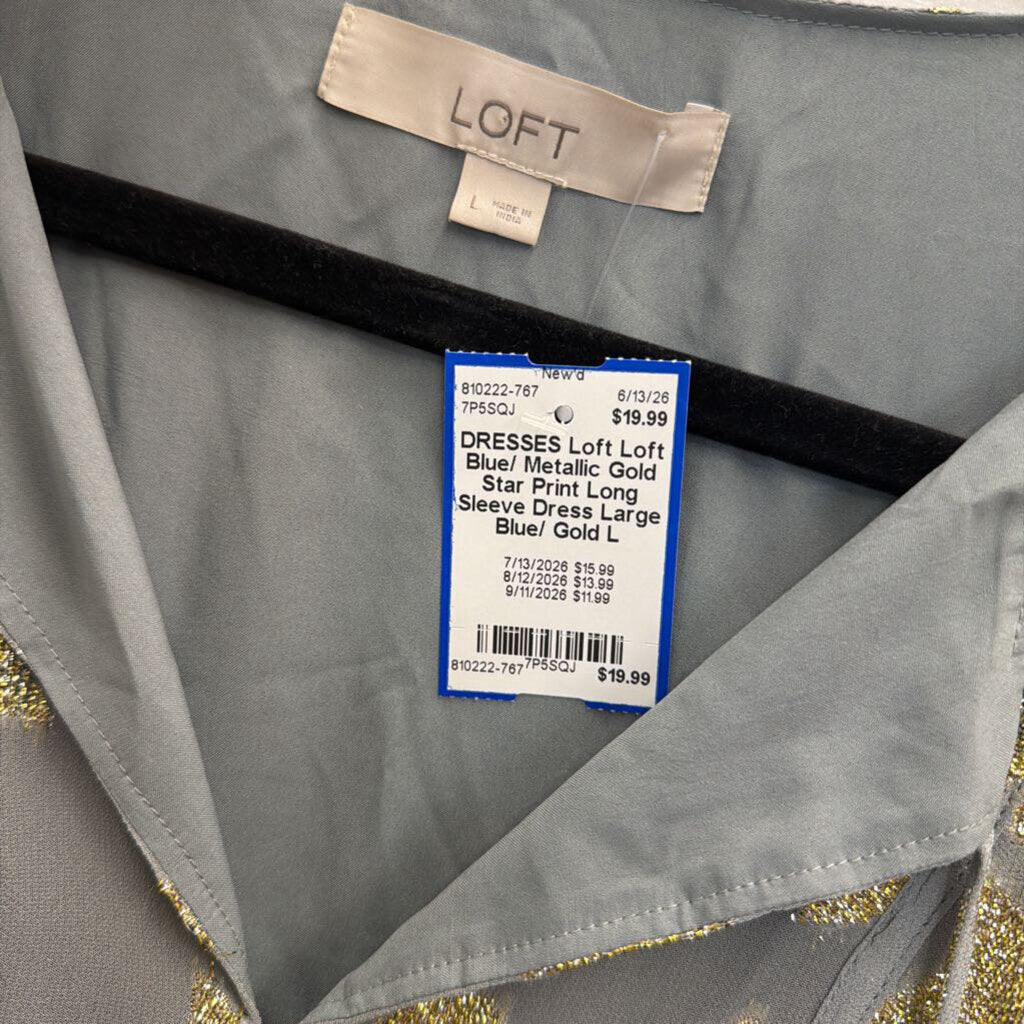 Loft Blue/ Metallic Gold Star Print Long Sleeve Dress Large