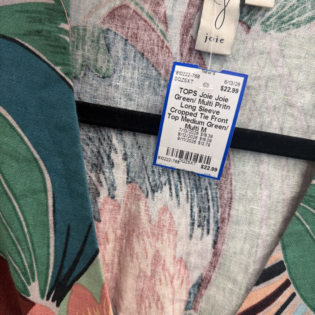 Joie Green/ Multi Print Long Sleeve Cropped Tie Front Top Medium