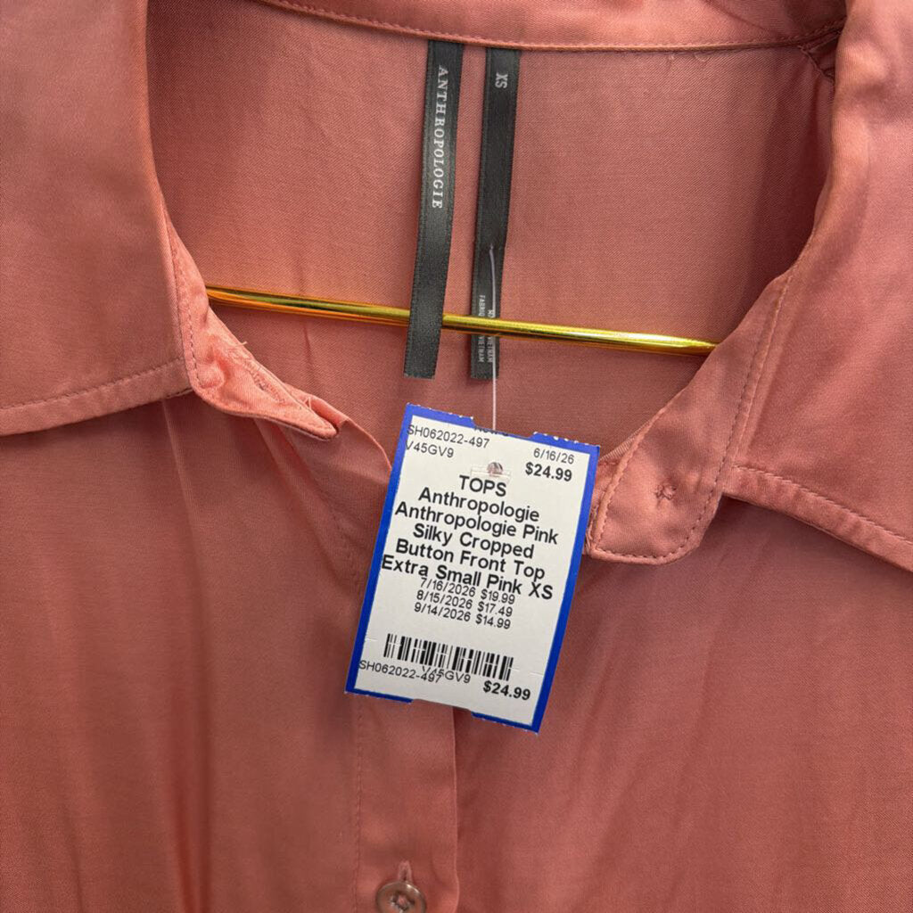 Anthropologie Pink Silky Cropped Button Front Top Extra Small