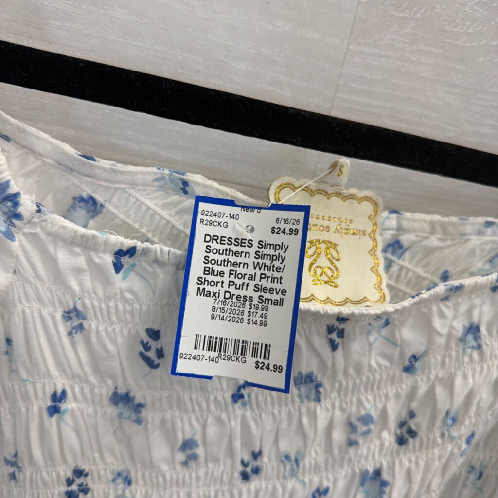 Simply Southern White/ Blue Floral Print Short Puff Sleeve Maxi Dress Small