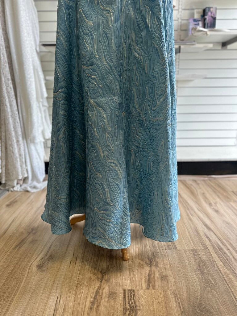 Blue Metallic Print Bow One Shoulder Long Formal Dress Medium