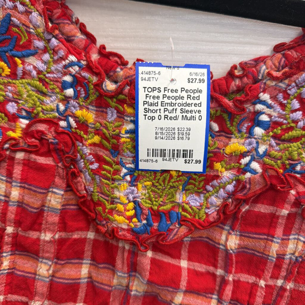 Free People Red Plaid Embroidered Short Puff Sleeve Top 0