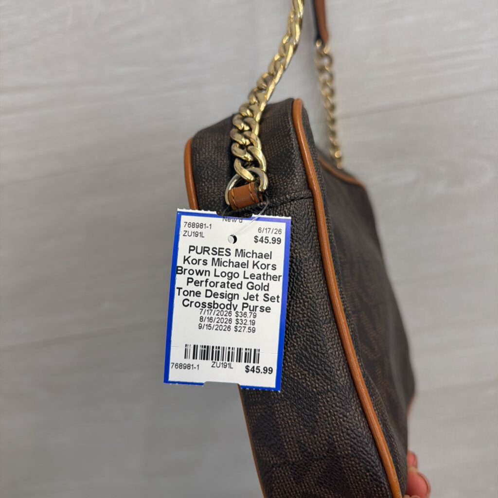 Michael Kors Brown Logo Leather Perforated Gold Tone Design Jet Set Crossbody Purse