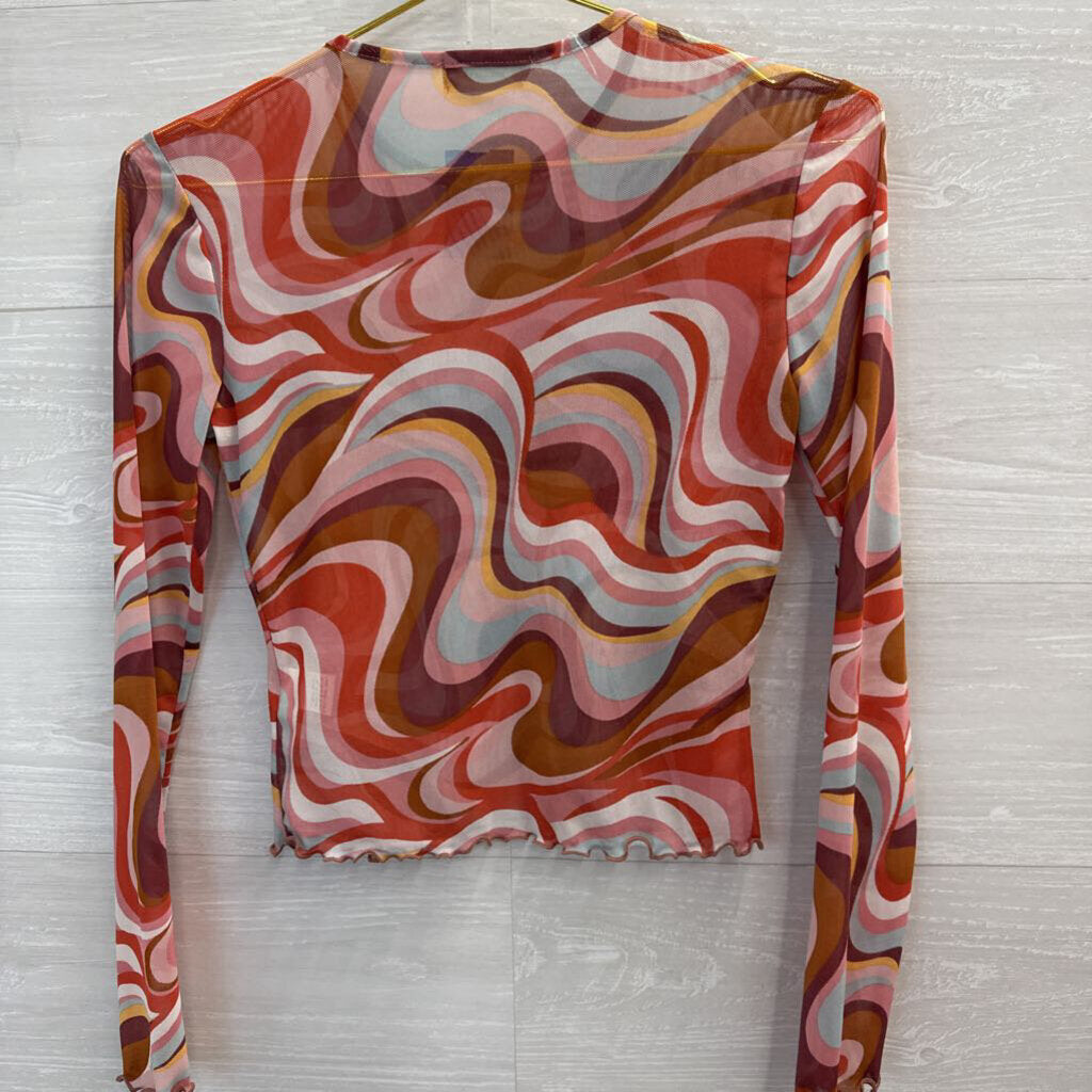 Altar'd State Orange/Pink Marbled Mesh Sheer Longs Sleeve Extra Small