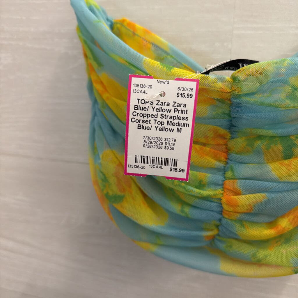 Zara Blue/ Yellow Print Cropped Strapless Corset Top Medium