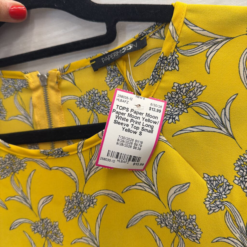 Paper Moon Yellow/ White Print Long Sleeve Top Small