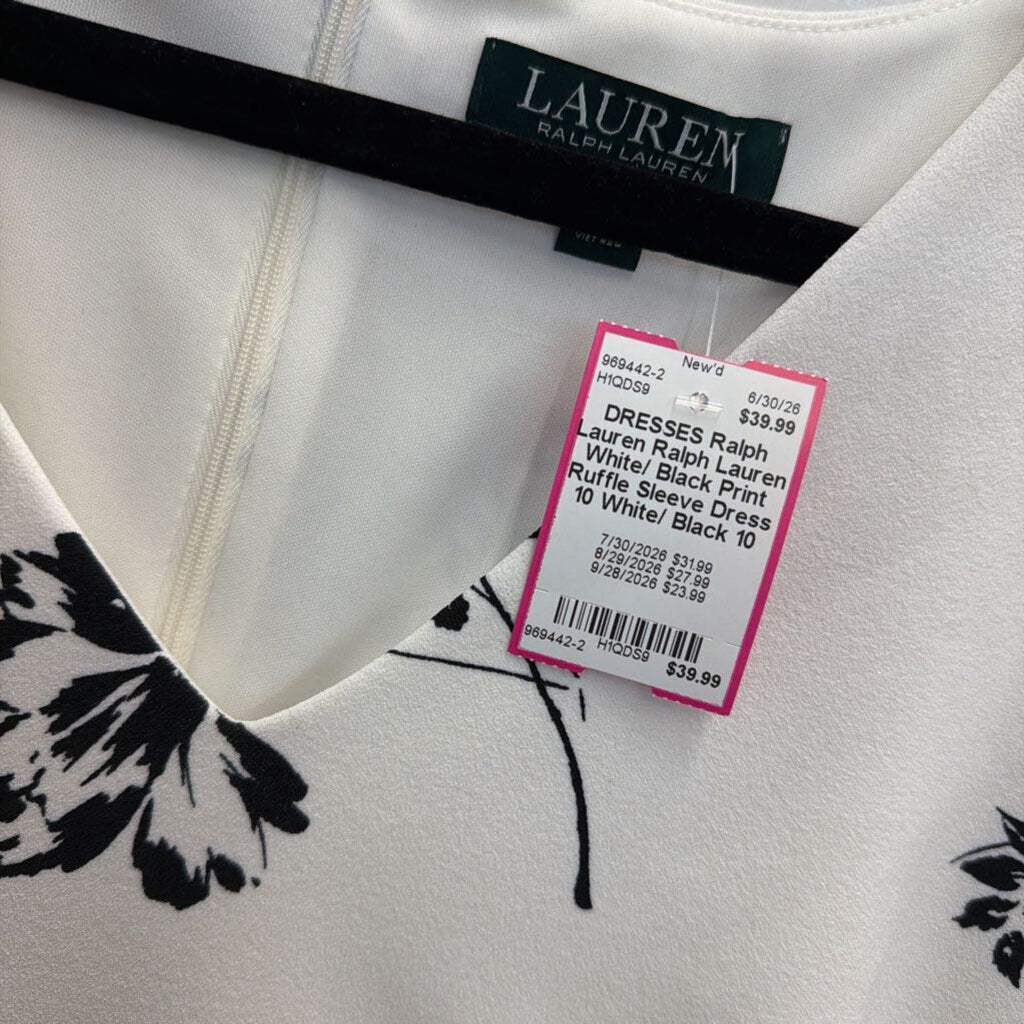 Ralph Lauren White/ Black Print Ruffle Sleeve Dress 10