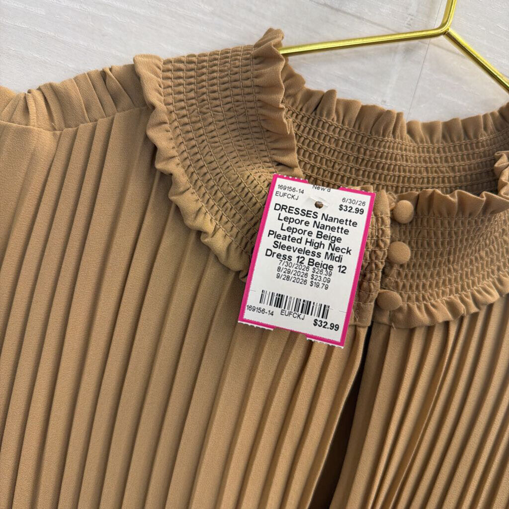 Nanette Lepore Beige Pleated High Neck Sleeveless Midi Dress 12