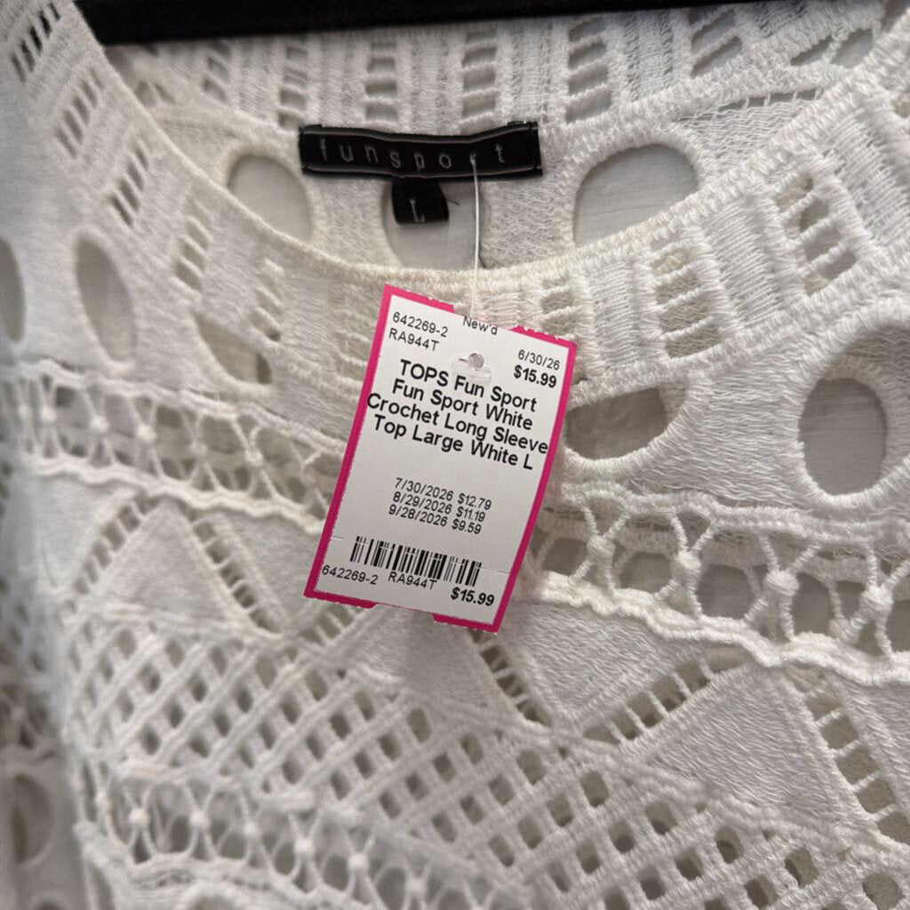 Fun Sport White Crochet Long Sleeve Top Large
