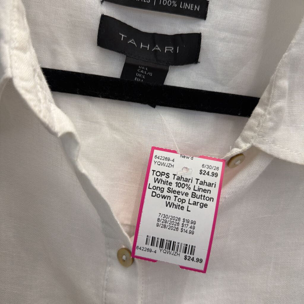 Tahari White 100% Linen Long Sleeve Button Down Top Large