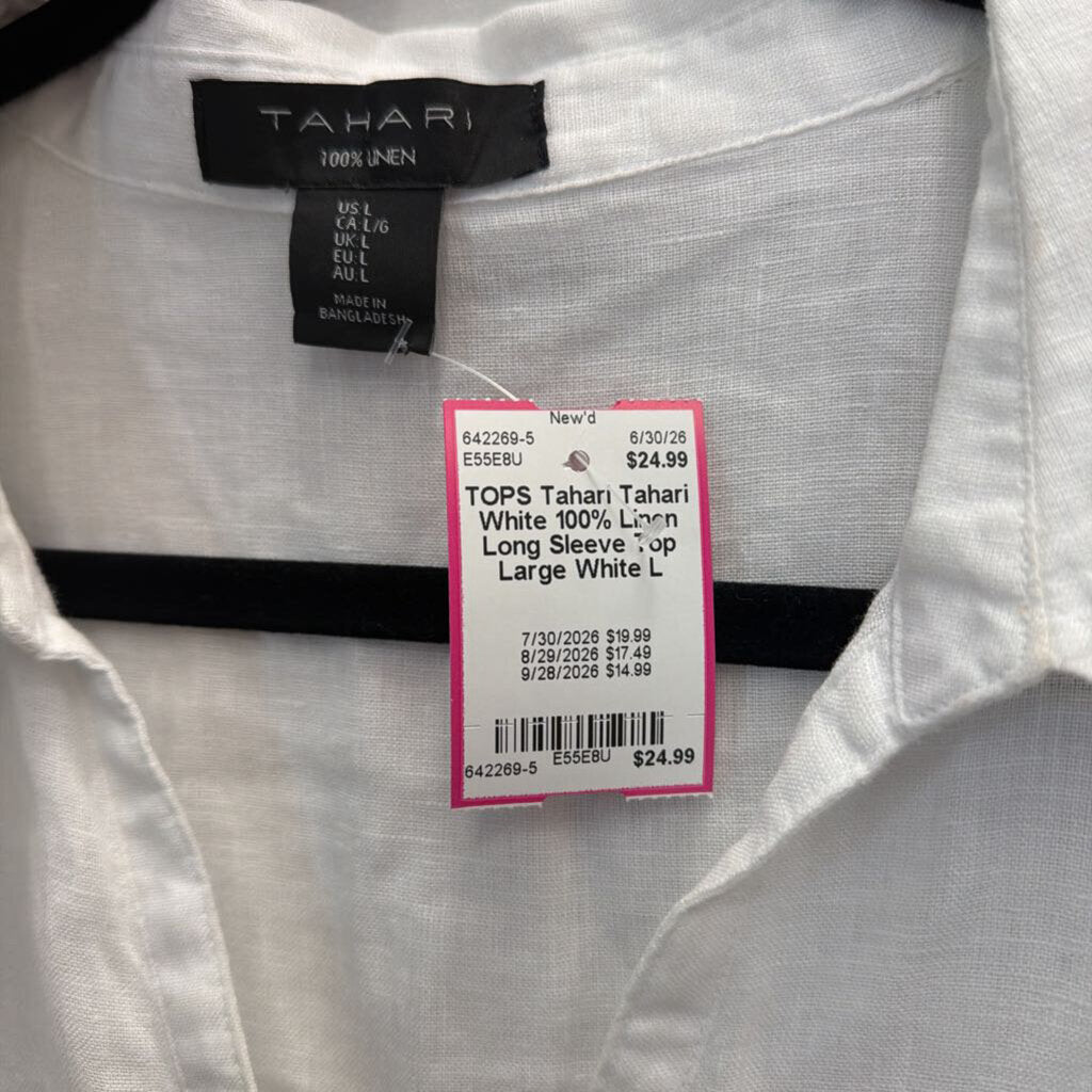 Tahari White 100% Linen Long Sleeve Top Large