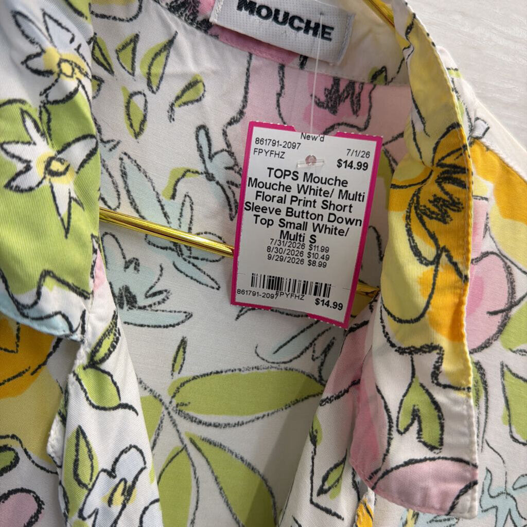 Mouche White/ Multi Floral Print Short Sleeve Button Down Top Small
