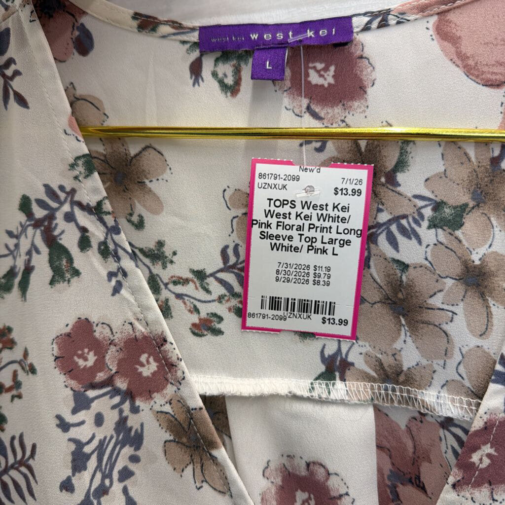 West Kei White/ Pink Floral Print Long Sleeve Top Large