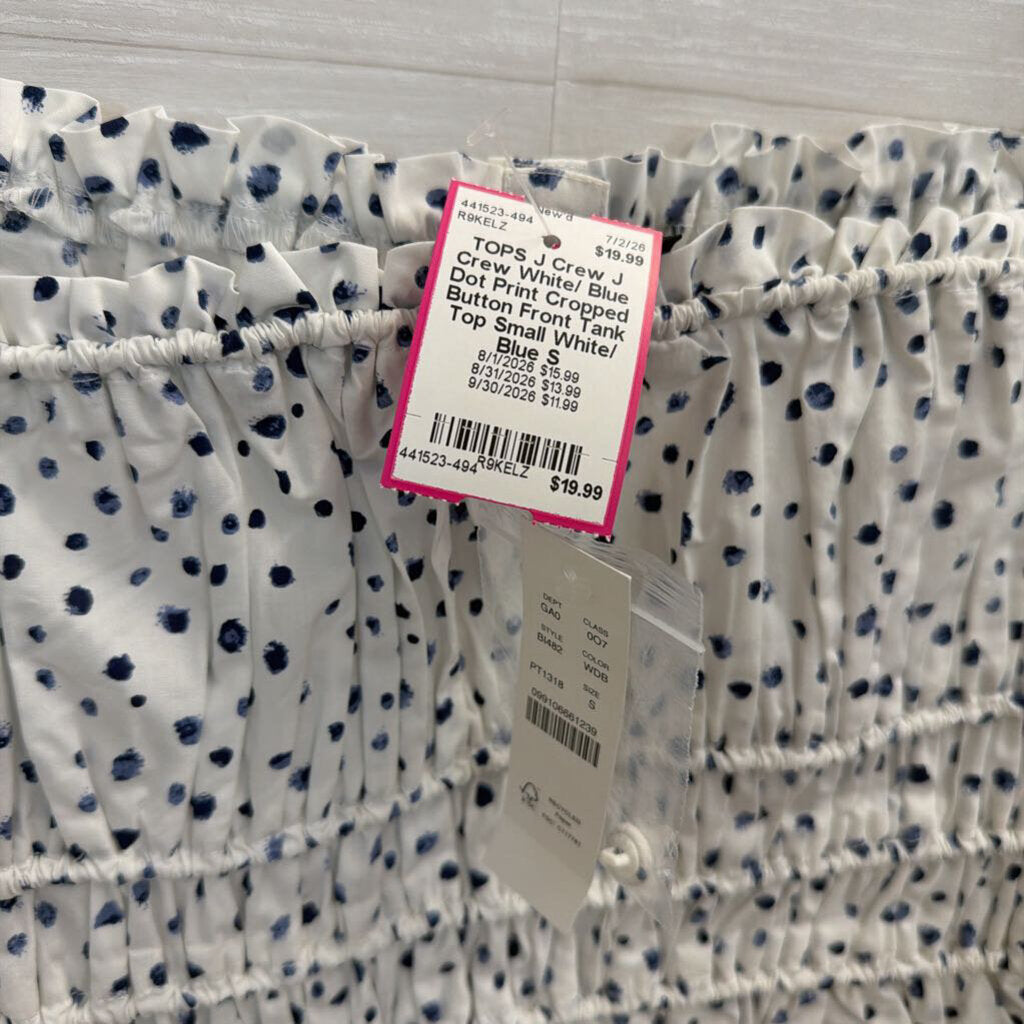 J Crew White/ Blue Dot Print Cropped Button Front Tank Top Small