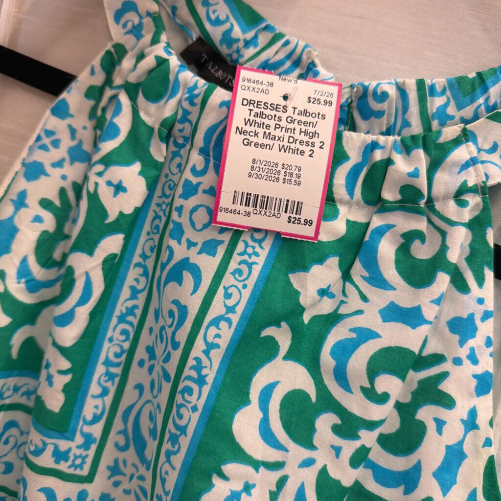 Talbots Green/ White Print High Neck Maxi Dress 2