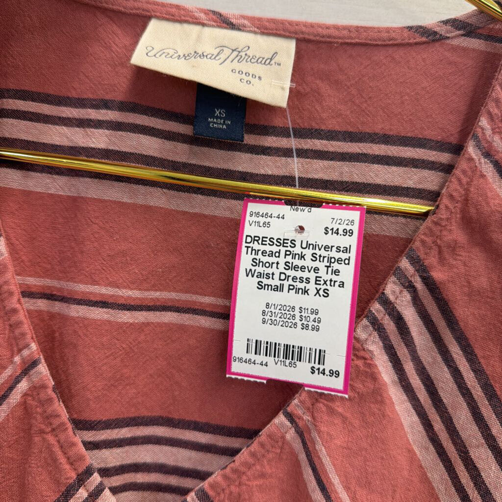 Pink Striped Short Sleeve Tie Waist Dress Extra Small