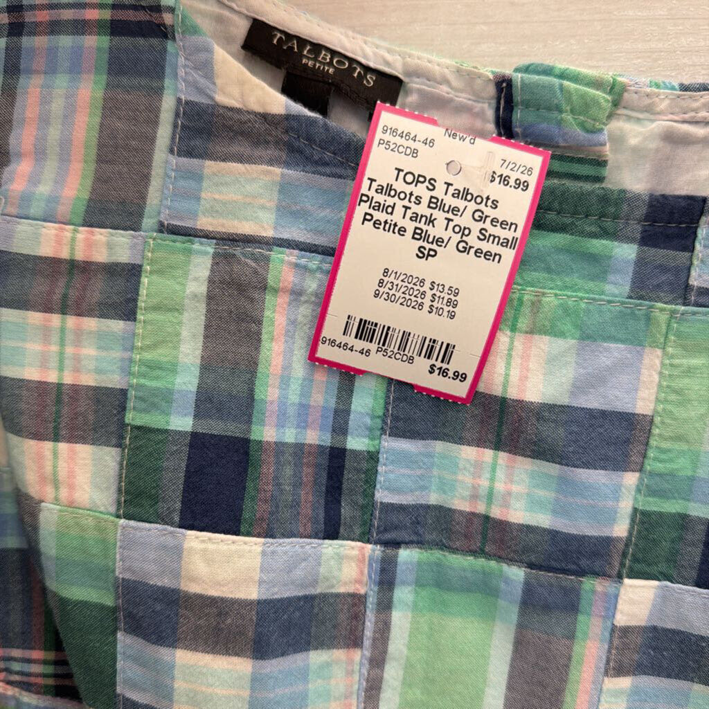 Talbots Blue/ Green Plaid Tank Top Small Petite