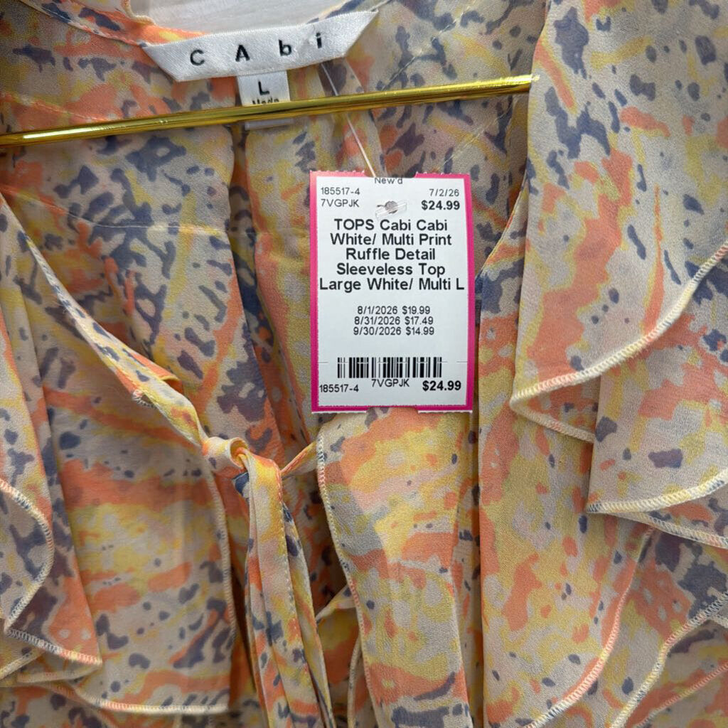 Cabi White/ Multi Print Ruffle Detail Sleeveless Top Large