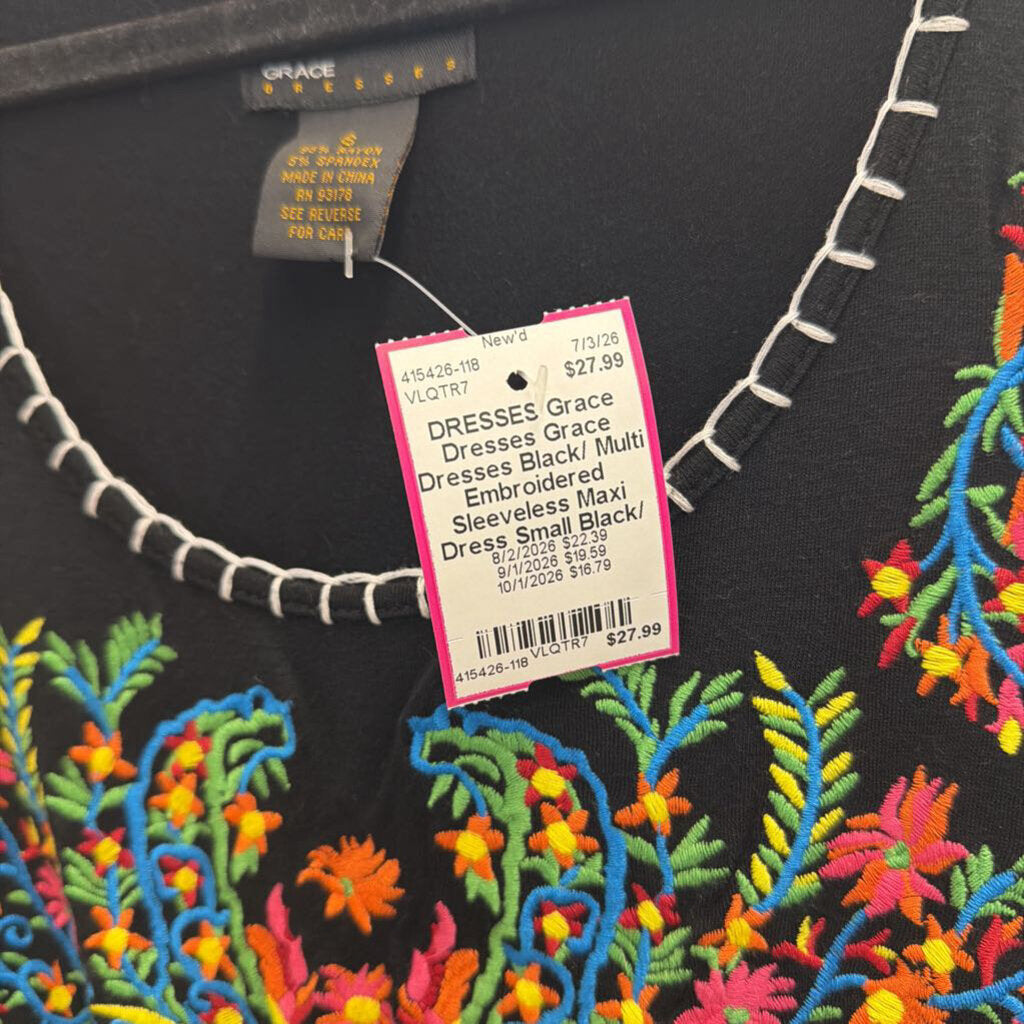 Grace Dresses Black/ Multi Embroidered Sleeveless Maxi Dress Small