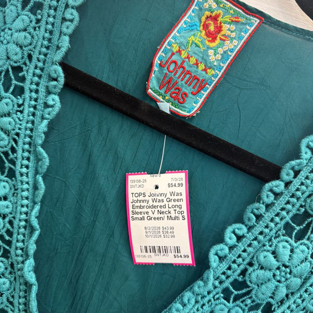 Johnny Was Green Embroidered Long Sleeve V Neck Top Small