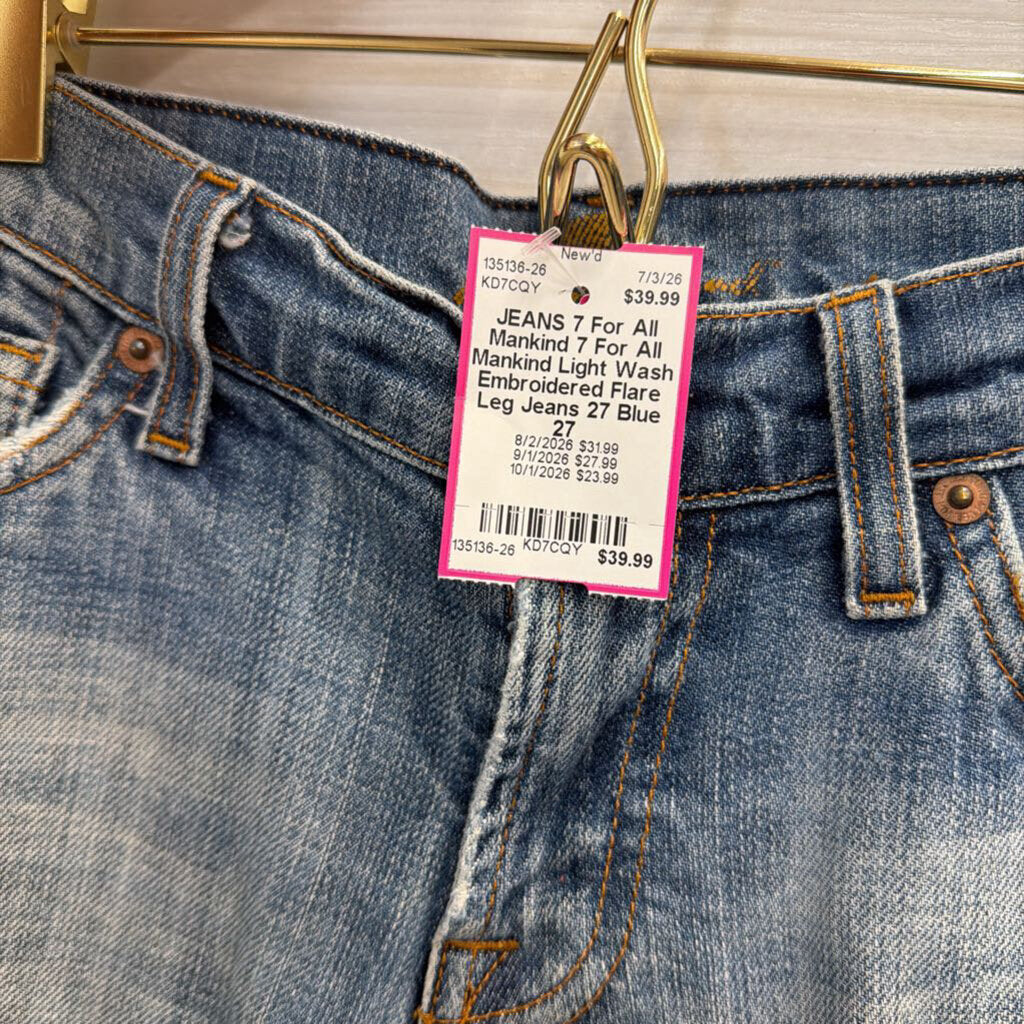 7 For All Mankind Light Wash Embroidered Flare Leg Jeans 27