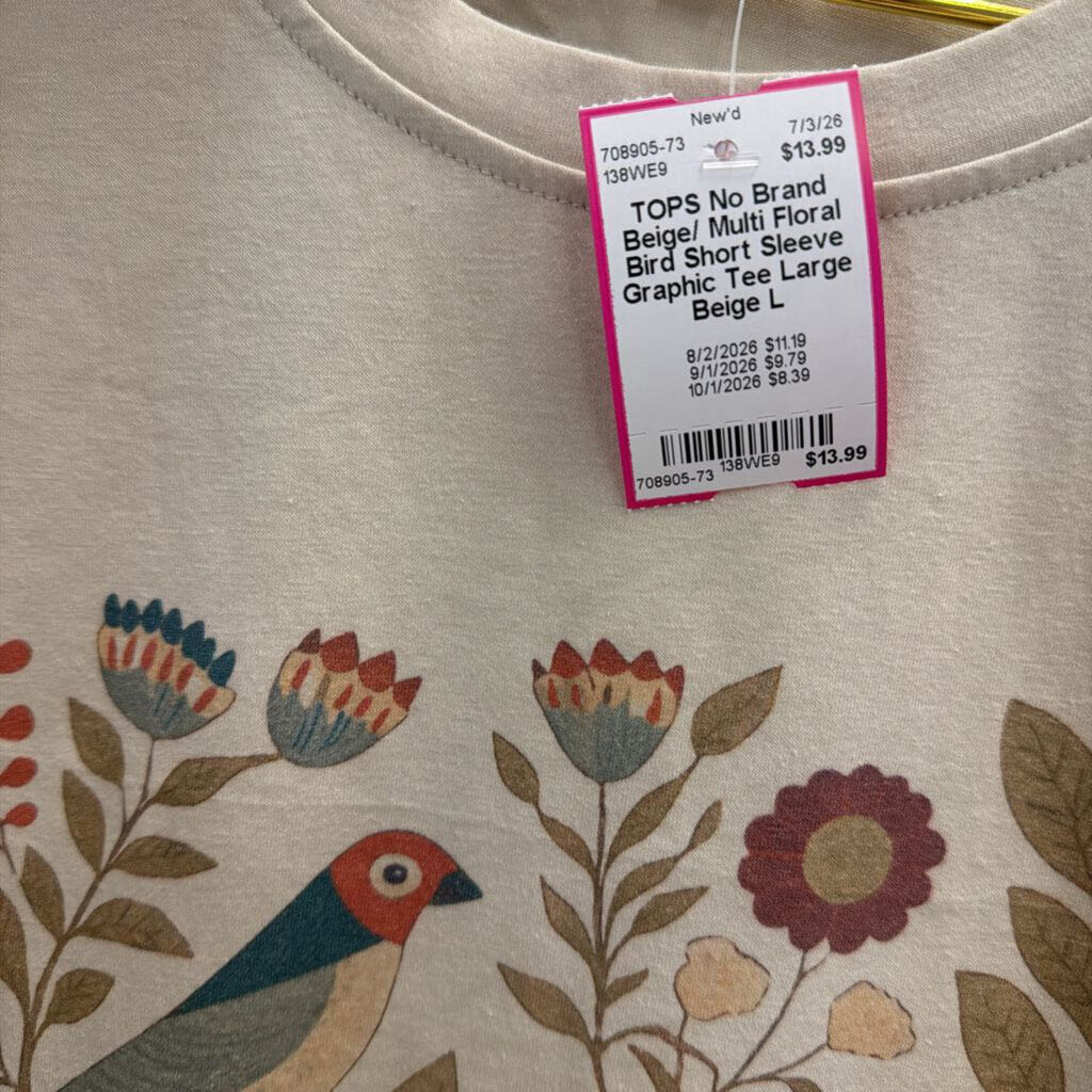 Beige/ Multi Floral Bird Short Sleeve Graphic Tee Large