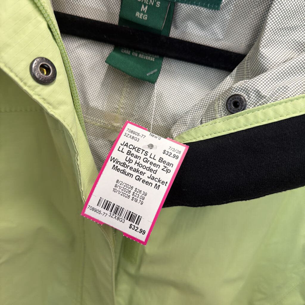 LL Bean Green Zip Up Hooded Windbreaker Jacket Medium