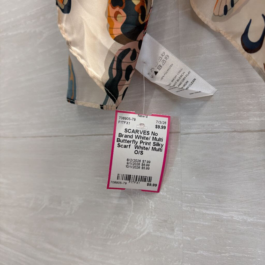 White/ Multi Butterfly Print Silky Scarf