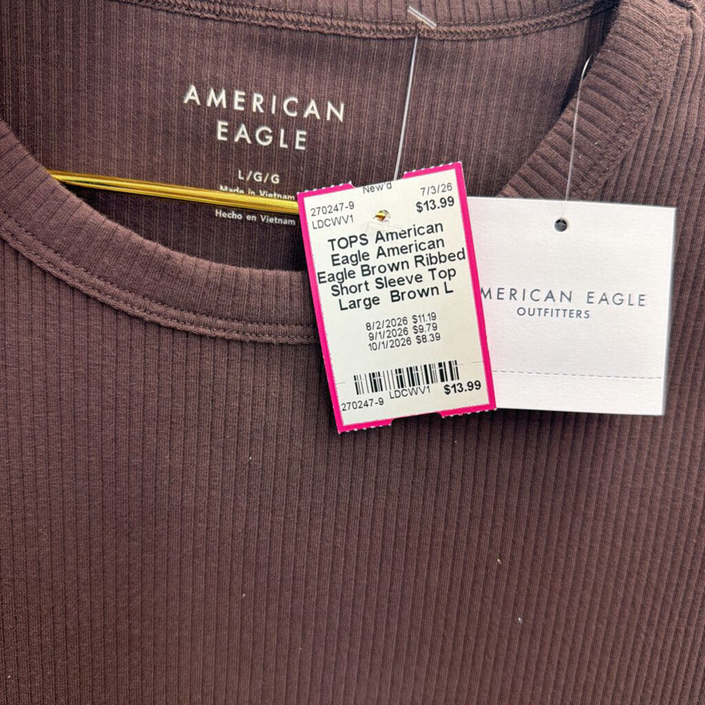 American Eagle Brown Ribbed Short Sleeve Top Large