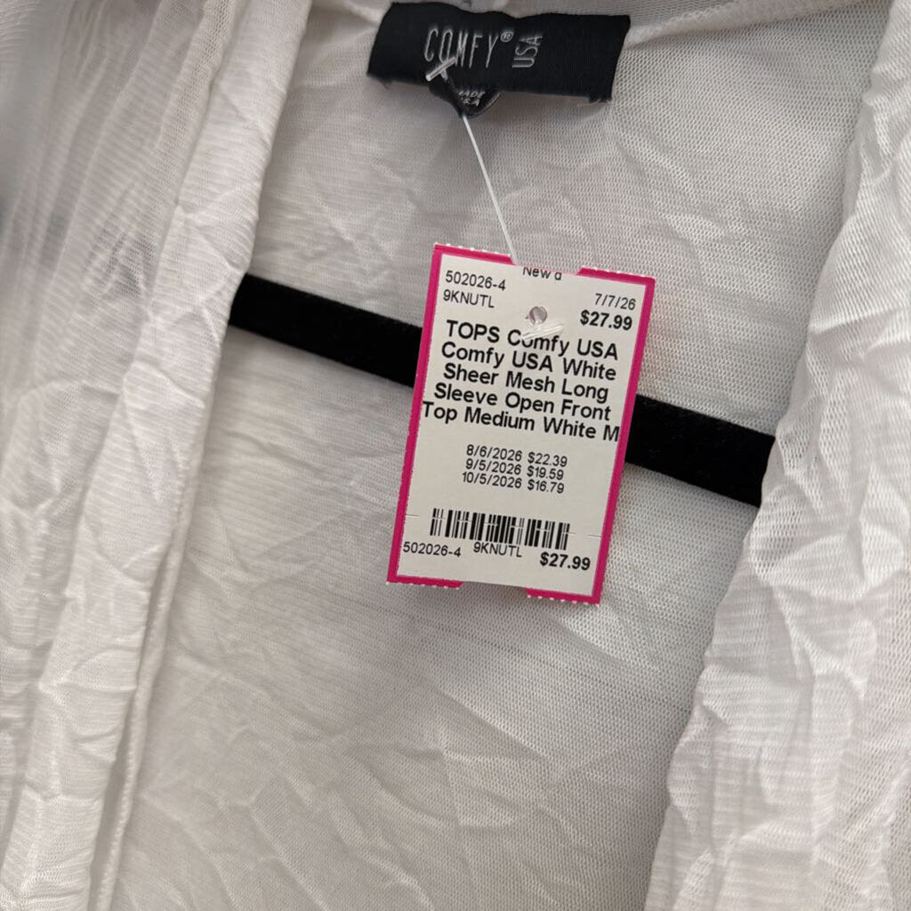 Comfy USA White Sheer Mesh Long Sleeve Open Front Top Medium