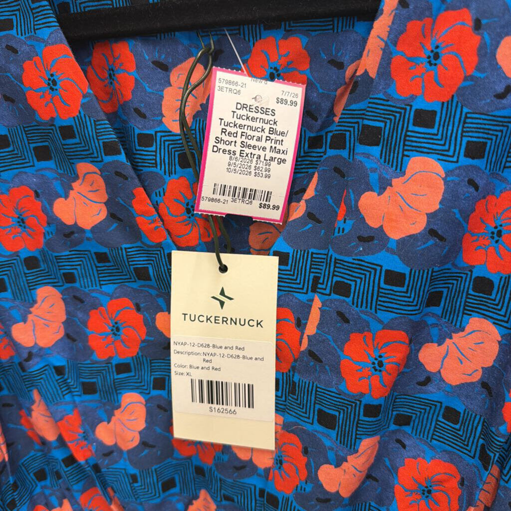 Tuckernuck Blue/ Red Floral Print Short Sleeve Maxi Dress Extra Large