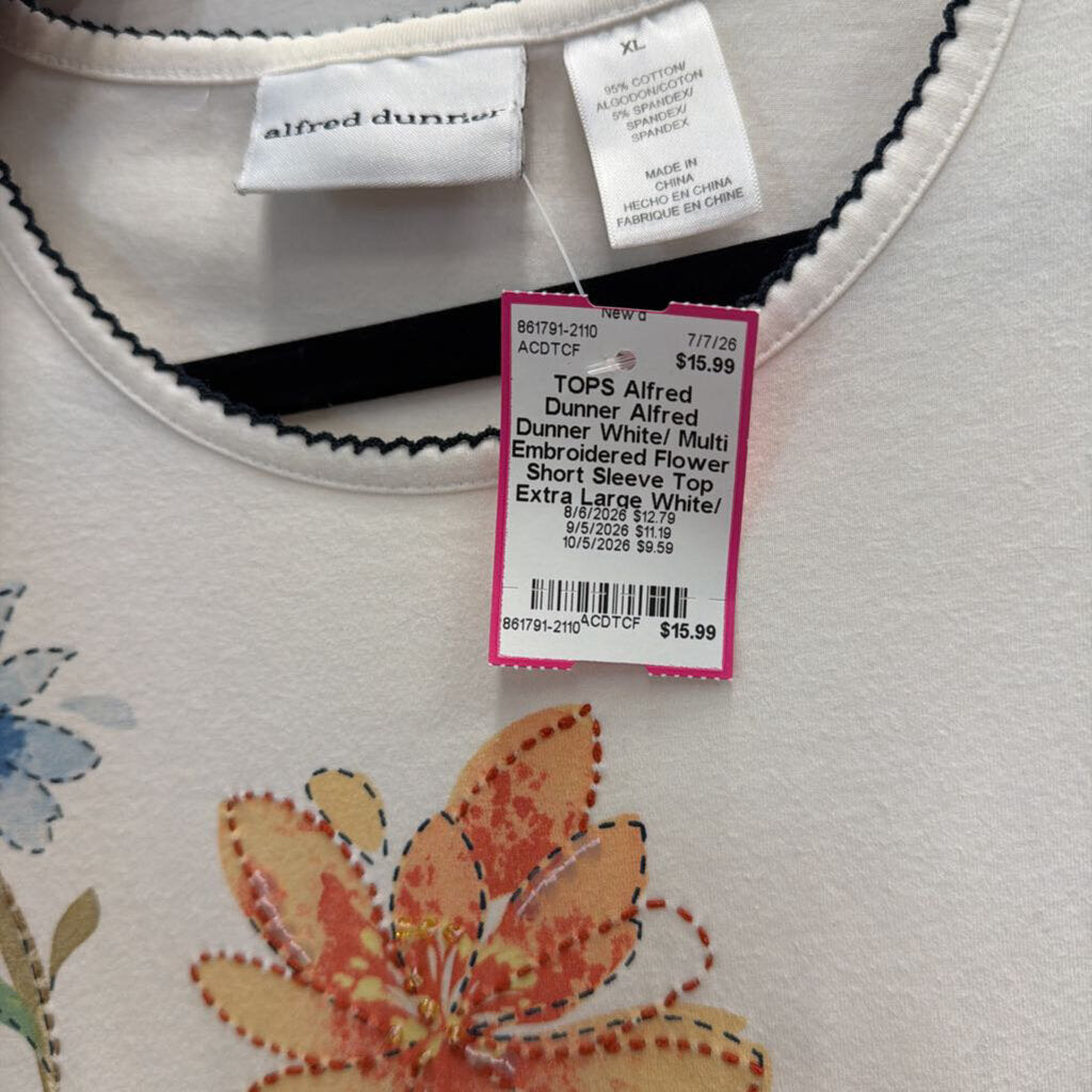 Alfred Dunner White/ Multi Embroidered Flower Short Sleeve Top Extra Large