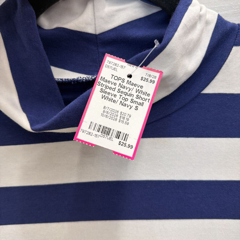 Maeve Navy/ White Striped Sequin Short Sleeve Top Small