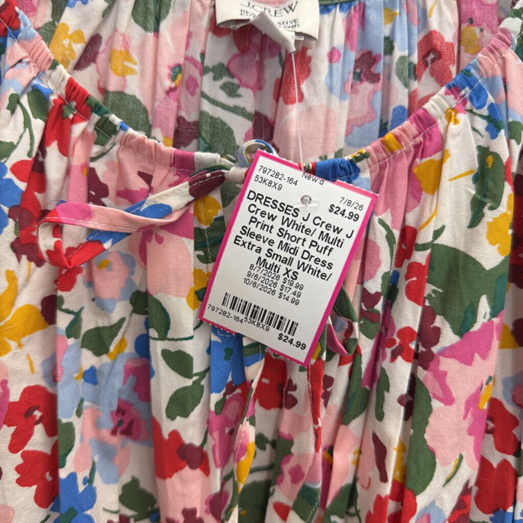 J Crew White/ Multi Print Short Puff Sleeve Midi Dress Extra Small