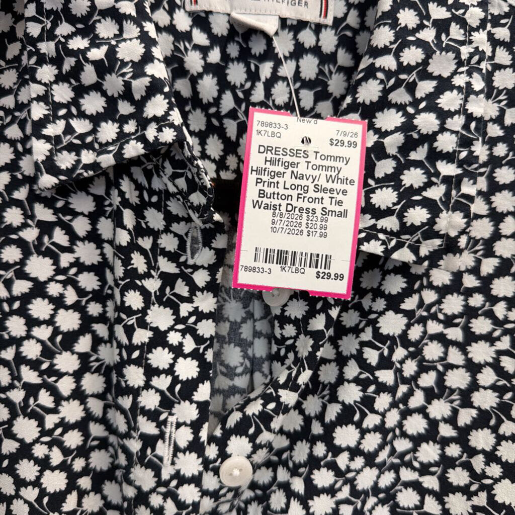 Tommy Hilfiger Navy/ White Print Long Sleeve Button Front Tie Waist Dress Small