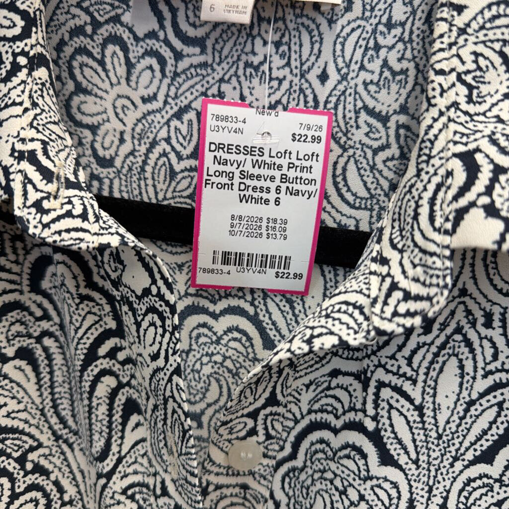 Loft Navy/ White Print Long Sleeve Button Front Dress 6