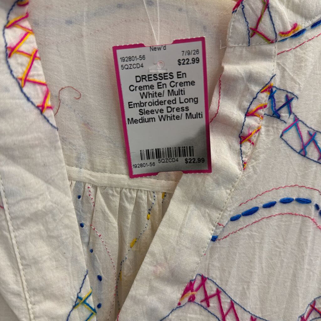 En Creme White/ Multi Embroidered Long Sleeve Dress Medium