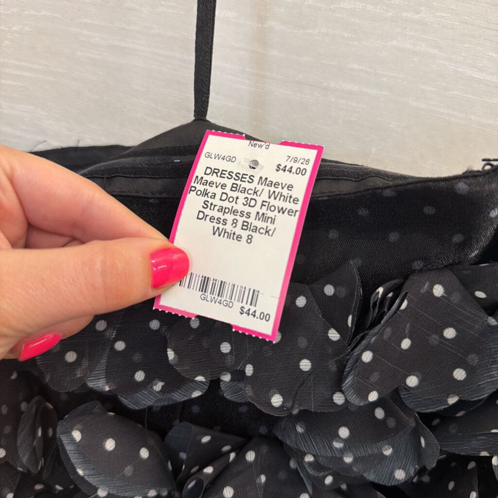 Maeve Black/ White Polka Dot 3D Flower Strapless Mini Dress 8