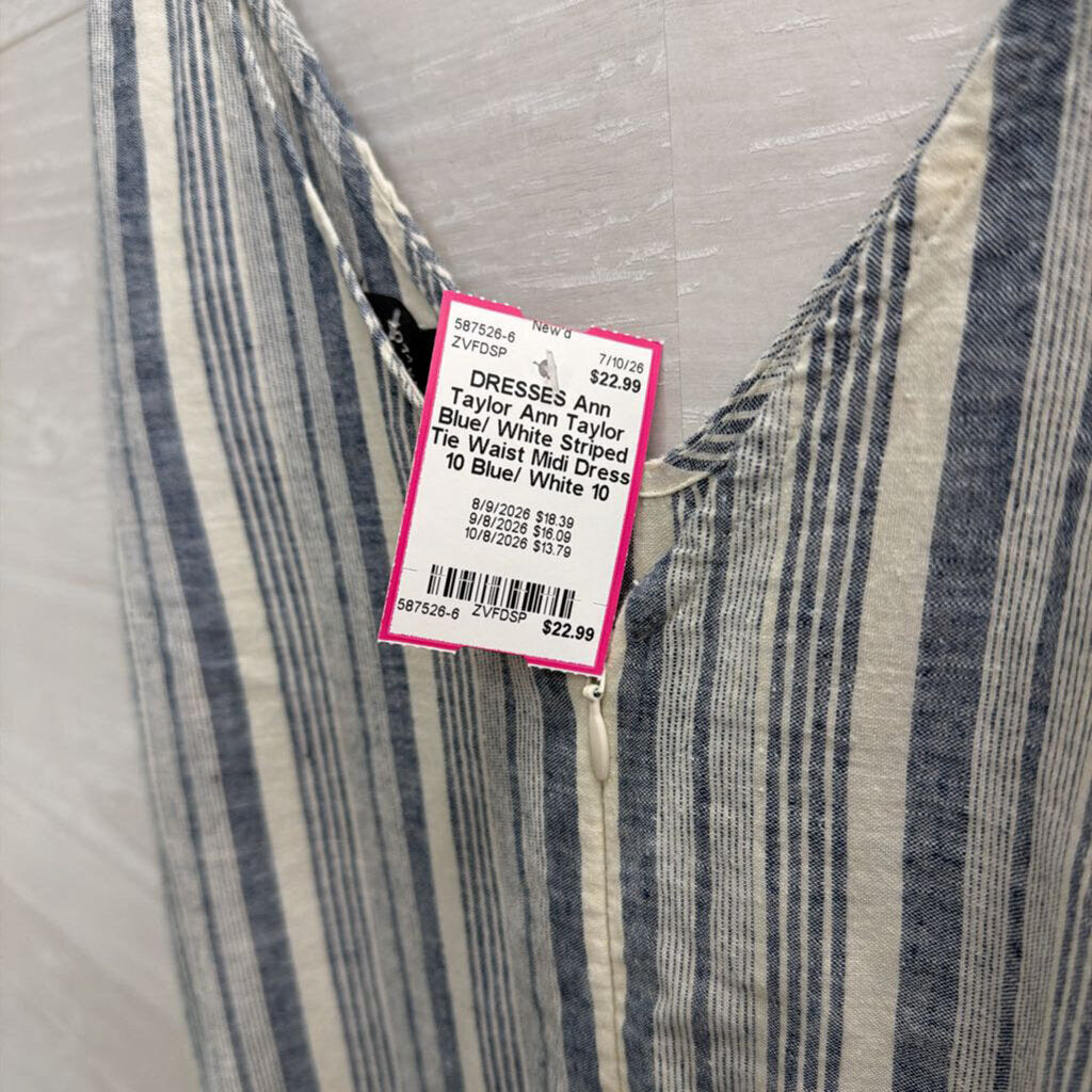 Ann Taylor Blue/ White Striped Tie Waist Midi Dress 10