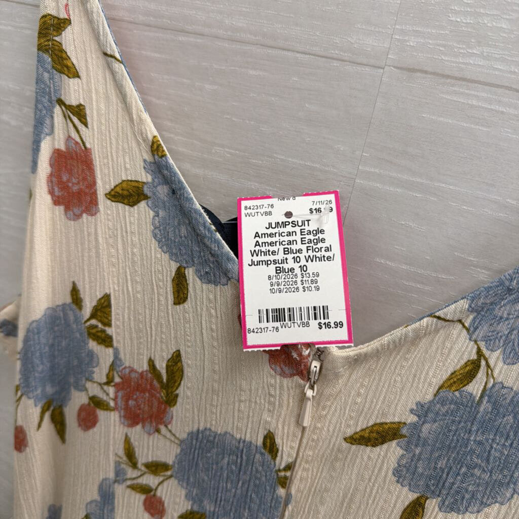 American Eagle White/ Blue Floral Jumpsuit 10