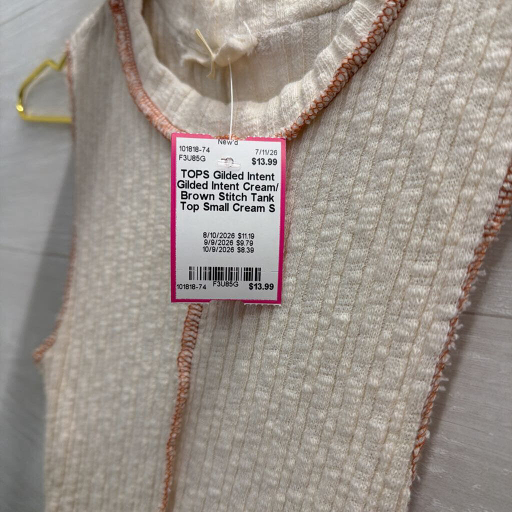 Gilded Intent Cream/ Brown Stitch Tank Top Small