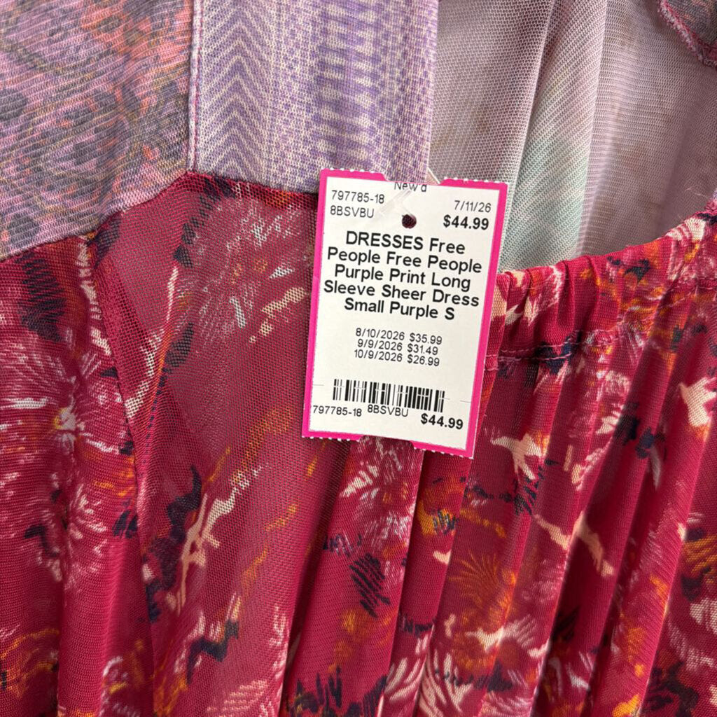 Free People Purple Print Long Sleeve Sheer Dress Small
