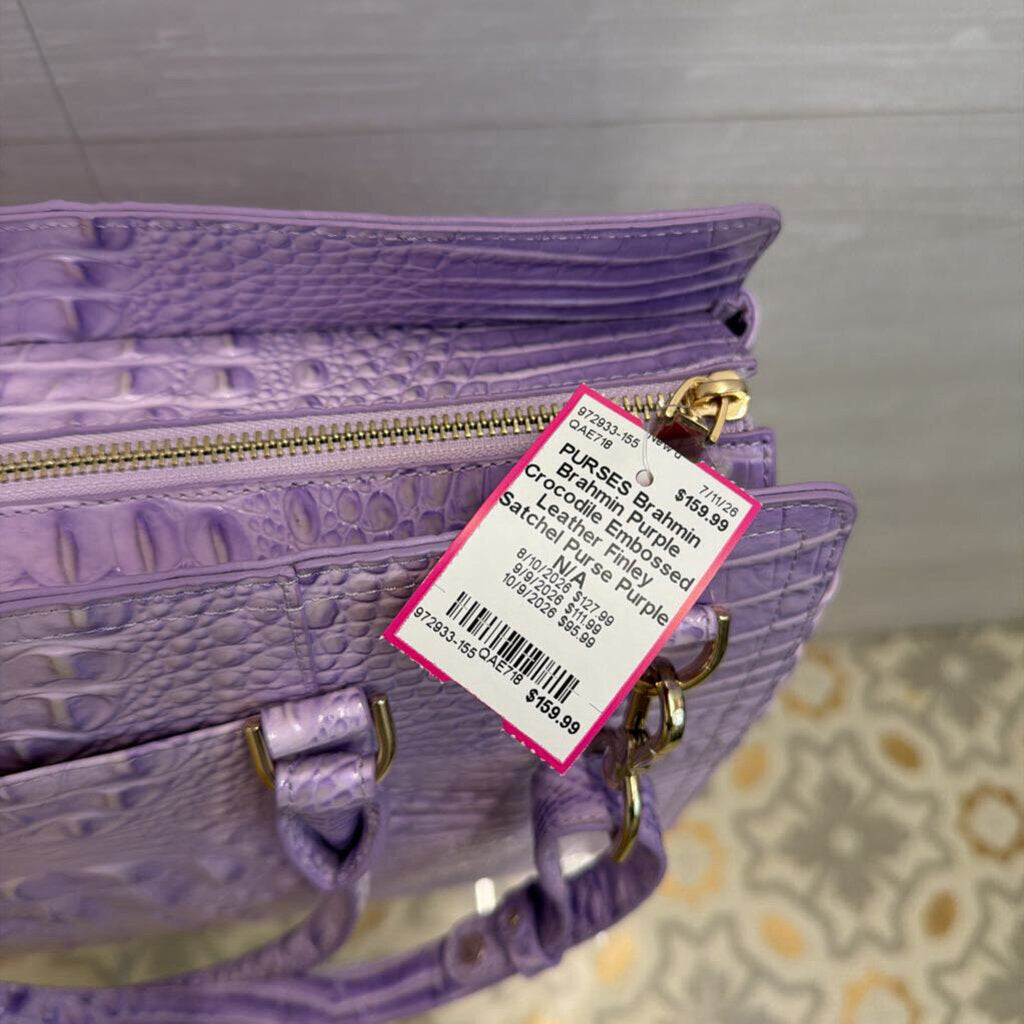 Brahmin Purple Crocodile Embossed Leather Finley Satchel Purse