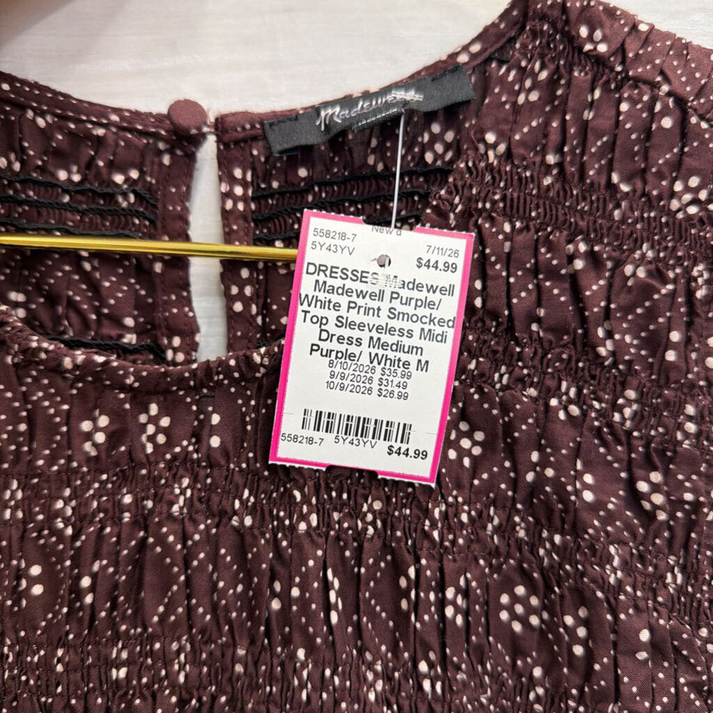 Madewell Purple/ White Print Smocked Top Sleeveless Midi Dress Medium