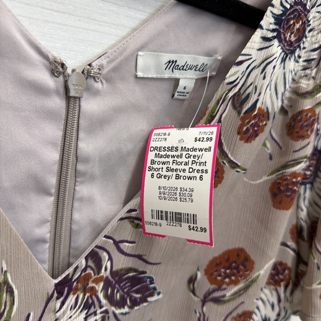 Madewell Grey/ Brown Floral Print Short Sleeve Dress 6