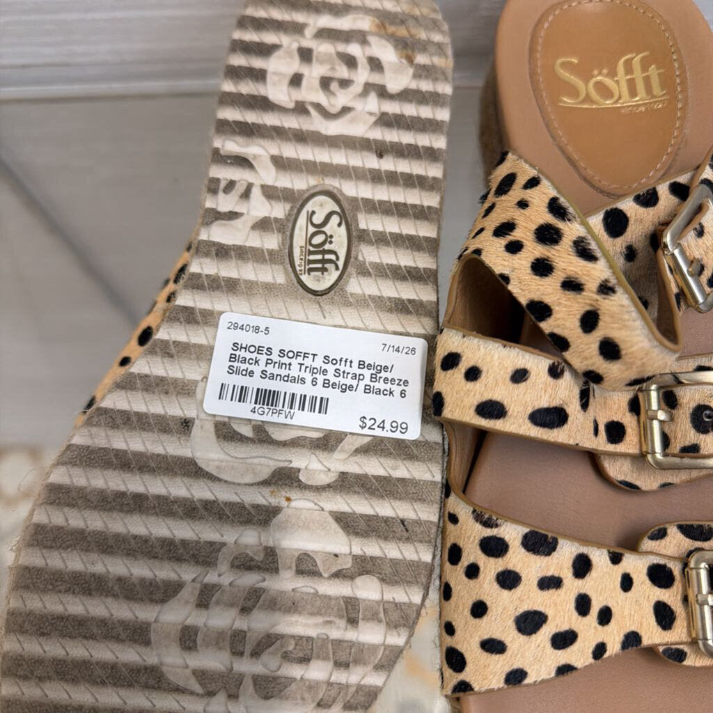 Sofft Beige/ Black Print Triple Strap Breeze Slide Sandals 6