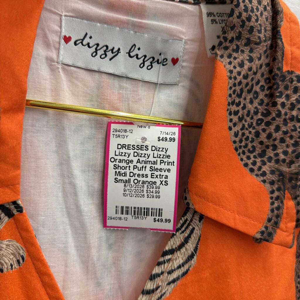 Dizzy Lizzie Orange Animal Print Short Puff Sleeve Midi Dress Extra Small