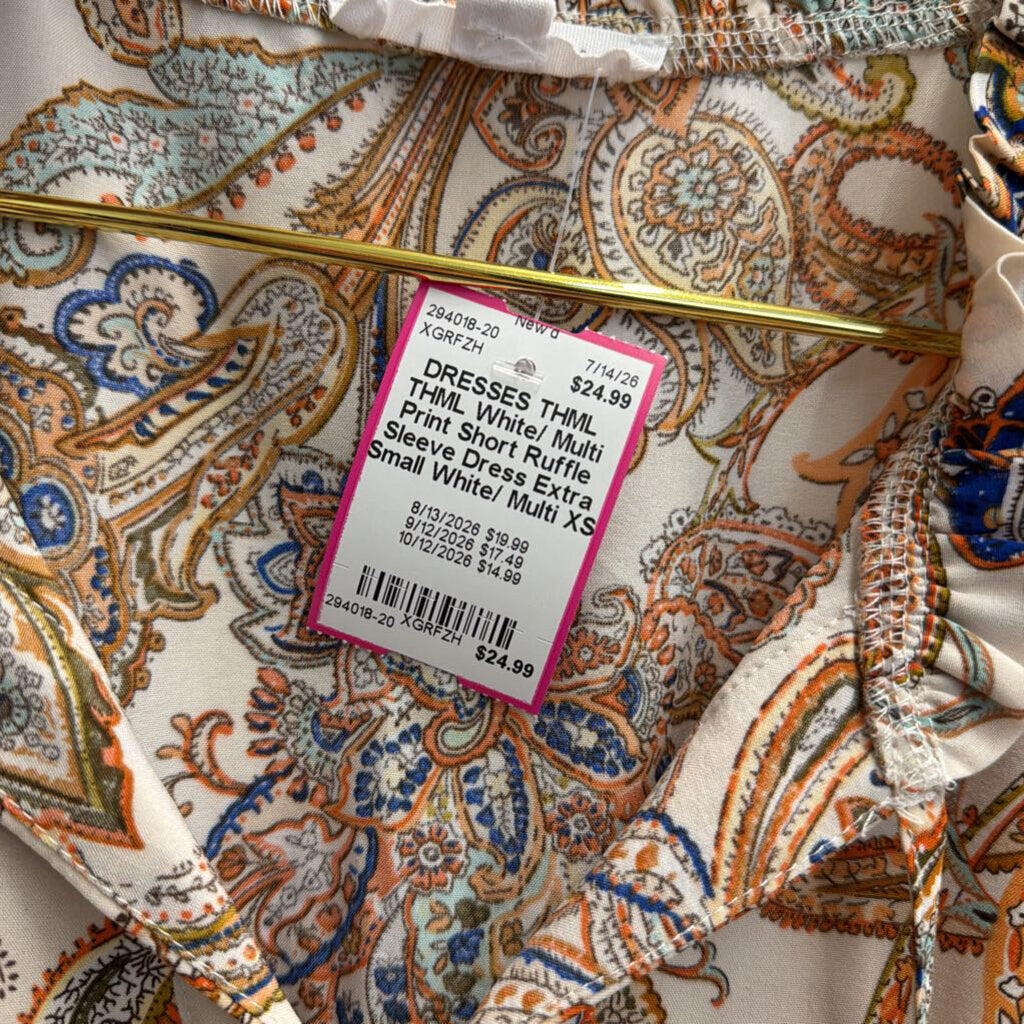 THML White/ Multi Print Short Ruffle Sleeve Dress Extra Small